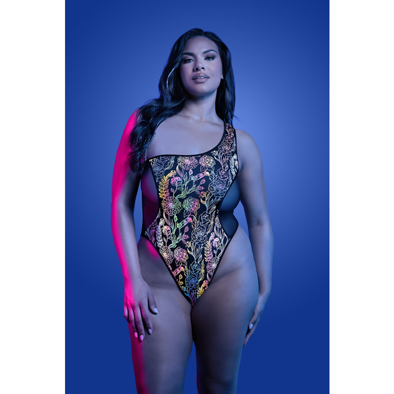 LUMINESCENT Sexy Reflective Plus Size Glow in the Dark Floral Teddy