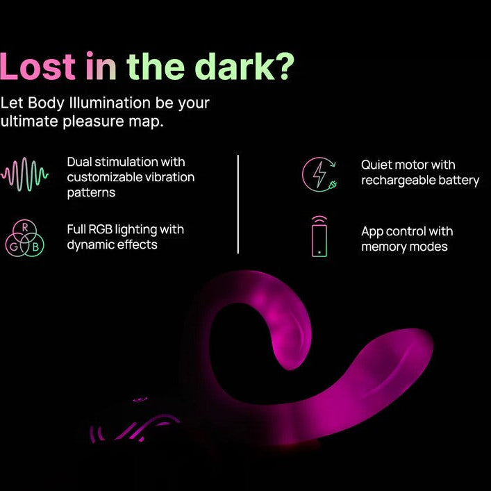 Pink glowing rabbit vibrator on a black background with product features listed.