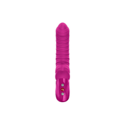Pink silicone Fun Factory Tiger G-Spot vibrator with textured ridges, curved tip, and control buttons.