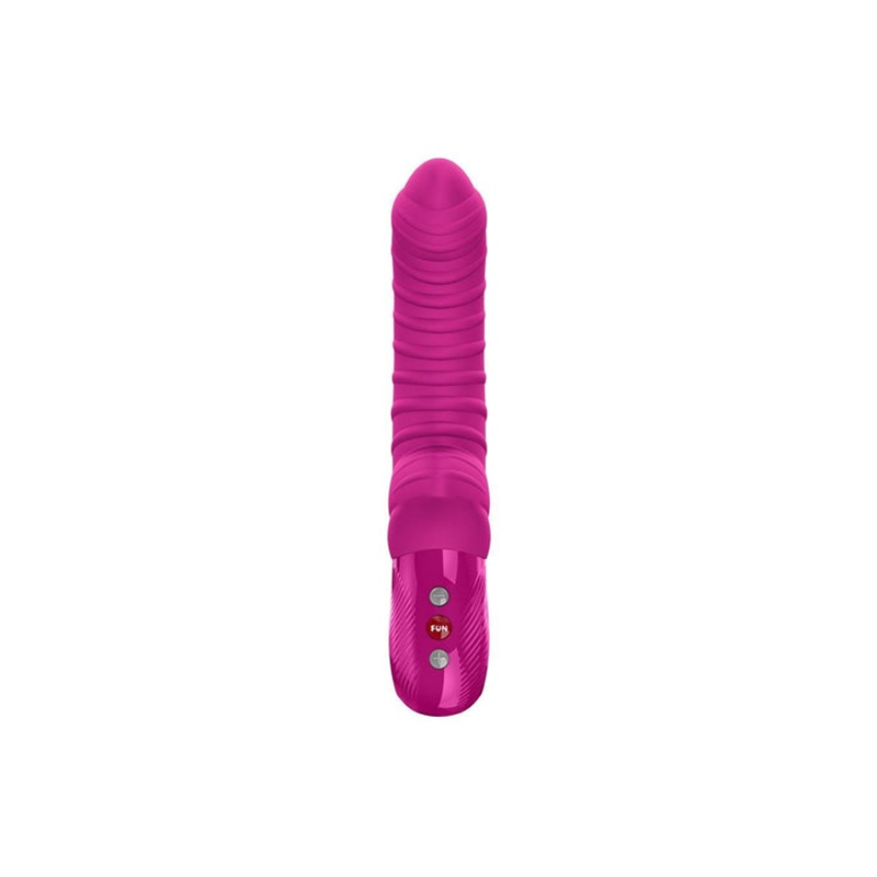 Pink silicone Fun Factory Tiger G-Spot vibrator with textured ridges, curved tip, and control buttons.
