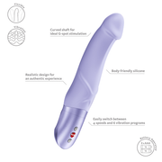 Purple silicone G-spot vibrator with a curved, realistic design and silver control panel.