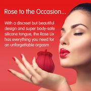 Red silicone Rose Lix fluttering tongue vibrator held by a woman with red lipstick and nails.