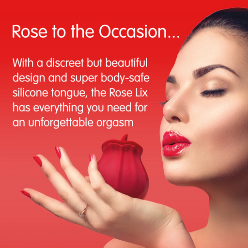 Red silicone Rose Lix fluttering tongue vibrator held by a woman with red lipstick and nails.