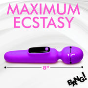The Bang! First Time Wand Vibrator with Digital Display by XR Brands is a purple silicone device measuring 8 inches in total length and 1.7 inches in width. It features a rounded end and has a button interface on the side along with a small digital screen. The image includes the text "MAXIMUM ECSTASY" in large pink letters and "BANG!" at the bottom corner.