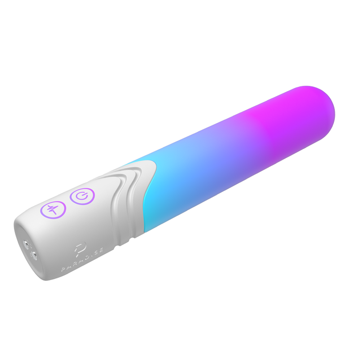White Illumination Bullet LED vibrator with a glowing blue-to-purple gradient and control buttons.