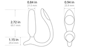 Line drawing of a curved object resembling the Lovense Bluetooth App Controlled Vibrating Anal Plug, showing measurements: 2.72 in (69.1 mm) height, 1.15 in (29.4 mm) base, 0.84 in (21.5 mm) width, 0.94 in (23.9 mm); two angles indicated.