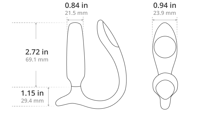 Line drawing of a curved object resembling the Lovense Bluetooth App Controlled Vibrating Anal Plug, showing measurements: 2.72 in (69.1 mm) height, 1.15 in (29.4 mm) base, 0.84 in (21.5 mm) width, 0.94 in (23.9 mm); two angles indicated.