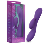 Purple UltraSilk satin-smooth silicone rabbit vibrator with a curved shaft and flexible teaser, next to its packaging.