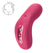 Soft violet Fun Factory Laya 3 lay-on vibrator with a curved, ribbed design and three control buttons.