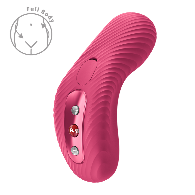 Soft violet Fun Factory Laya 3 lay-on vibrator with a curved, ribbed design and three control buttons.
