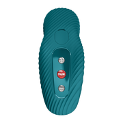Teal Fun Factory Laya 3 lay-on vibrator with ribbed texture and red "FUN" button.