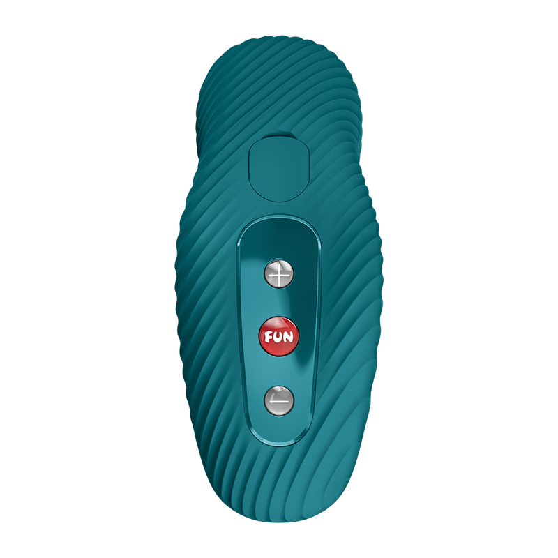 Teal Fun Factory Laya 3 lay-on vibrator with ribbed texture and red "FUN" button.