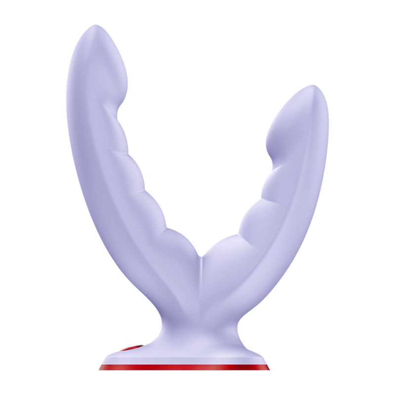 Lavender silicone Fun Factory Ryde grinding dildo with curved, ridged arms and a red suction base.