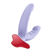 Lavender silicone grinding dildo with a curved, ridged design and a glossy red suction base.