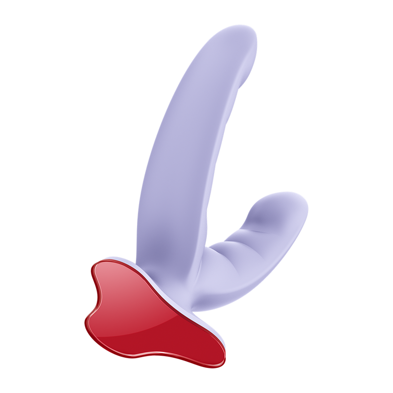 Lavender silicone grinding dildo with a curved, ridged design and a glossy red suction base.