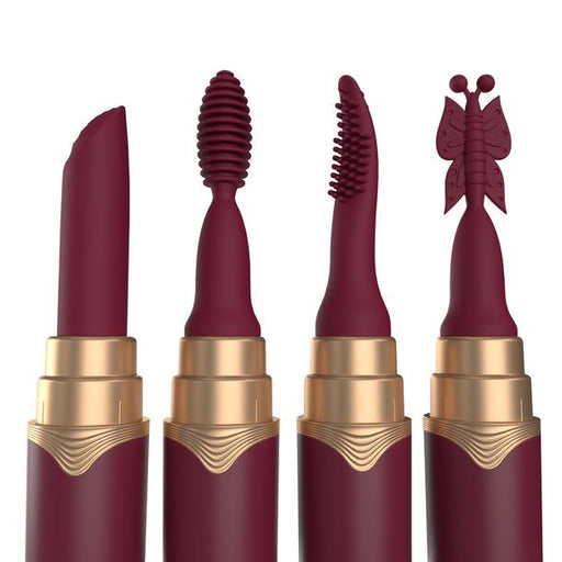 The My Secret Screaming O Premium Lipstick Vibrator features four maroon lipsticks with gold bases, each uniquely shaped—a classic slant, ribbed brush, curved bristle brush, and butterfly—concealing a discreet massager.