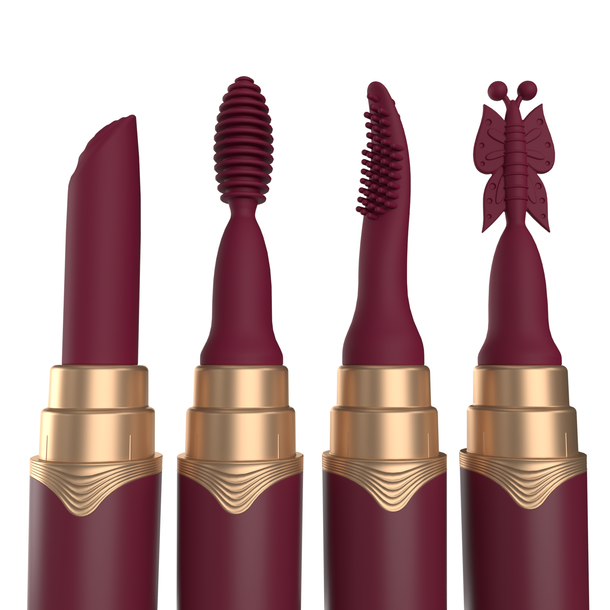 The My Secret Screaming O Premium Lipstick Vibrator features four maroon lipsticks with gold bases, each uniquely shaped—a classic slant, ribbed brush, curved bristle brush, and butterfly—concealing a discreet massager.
