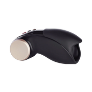 Black silicone penis head vibrator with gold accents and red control buttons.