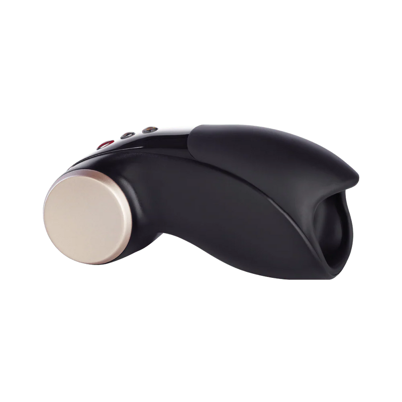 Black silicone penis head vibrator with gold accents and red control buttons.