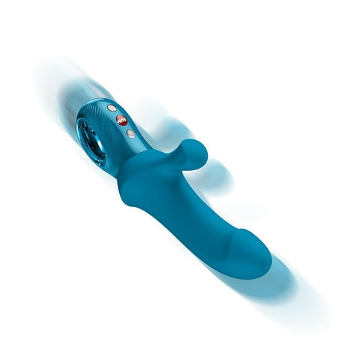 Teal silicone Bi Stronic Curve vibrator with a curved shaft and flattened external stimulator.