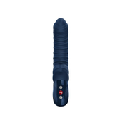 Dark blue silicone G-spot vibrator with textured ridges, curved tip, and control panel.
