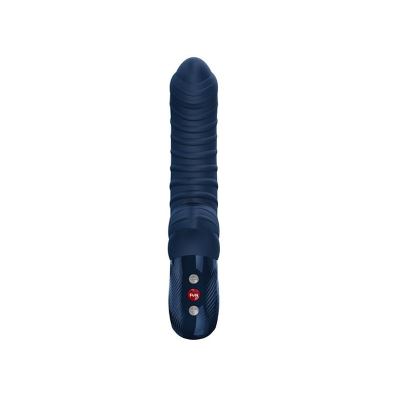 Dark blue silicone G-spot vibrator with textured ridges, curved tip, and control panel.