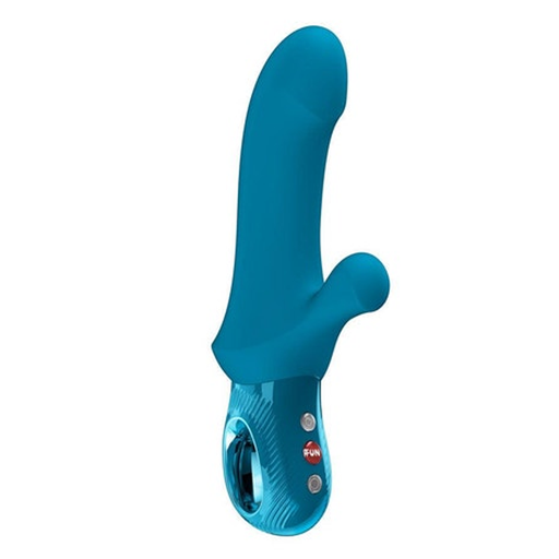 Teal silicone Bi Stronic Curve G-spot rabbit vibrator with a textured base and red control buttons.