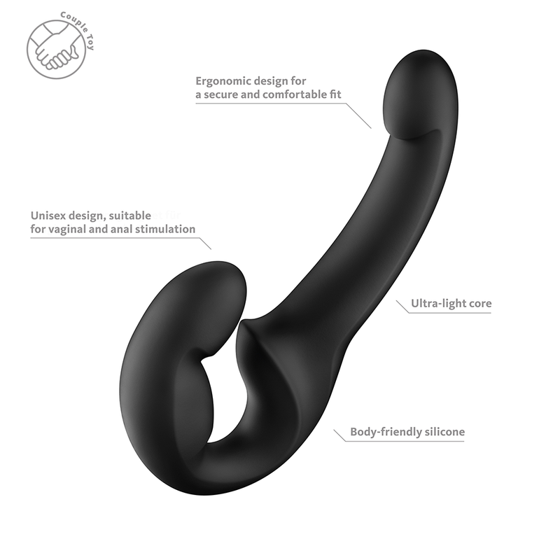 Black, flexible, double-ended silicone dildo with an ergonomic, curved design for shared stimulation.