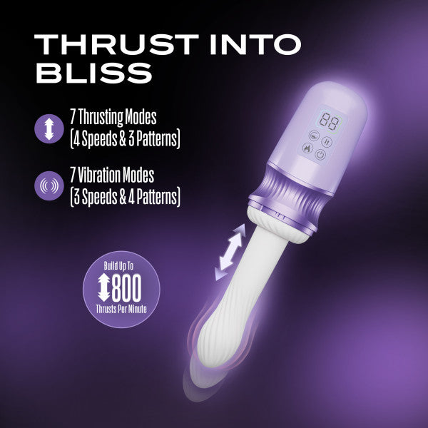 Violet Vixen purple warming thrusting vibrator with digital display and white silicone shaft.