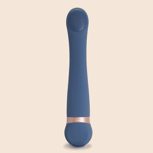 The Hot & Cold Temperature-Changing G-Spot Massager, a blue silicone toy with a rounded tip, gold accent band, and base control buttons, is designed for temperature play fans and pictured upright against a plain beige background.