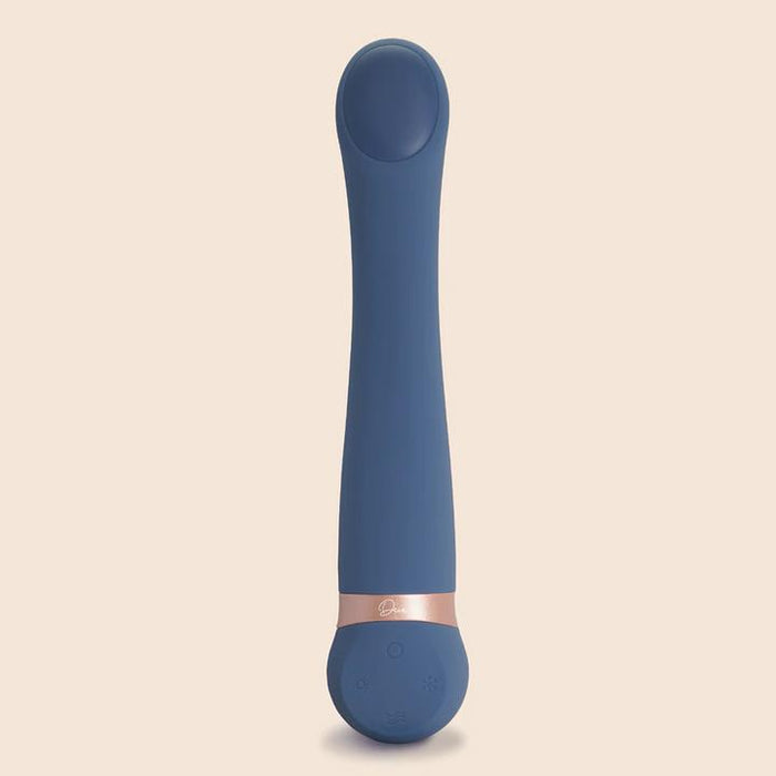 The Hot & Cold Temperature-Changing G-Spot Massager, a blue silicone toy with a rounded tip, gold accent band, and base control buttons, is designed for temperature play fans and pictured upright against a plain beige background.
