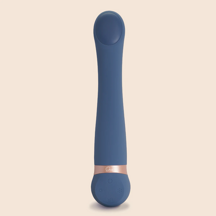 The Hot & Cold Temperature-Changing G-Spot Massager, a blue silicone toy with a rounded tip, gold accent band, and base control buttons, is designed for temperature play fans and pictured upright against a plain beige background.