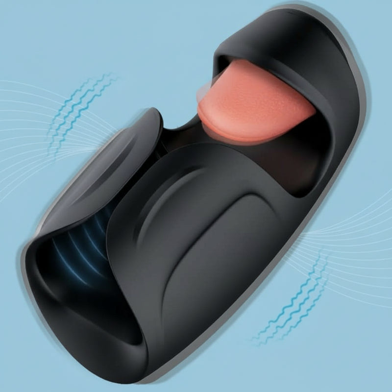 The Lickety Split Rechargeable Vibrating Thumping Stroker Silicone, in sleek black, features a realistic tongue-like flicking action and ribbed inner texture—shown against a light blue background with wavy lines highlighting its movement and vibration.