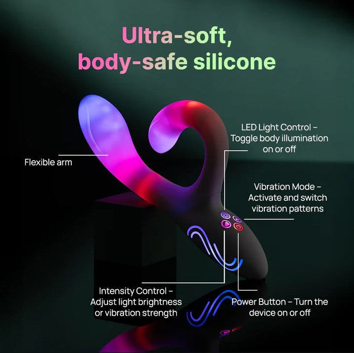 Black silicone rabbit vibrator with a glowing, color-changing LED shaft and flexible arm, showing control buttons.