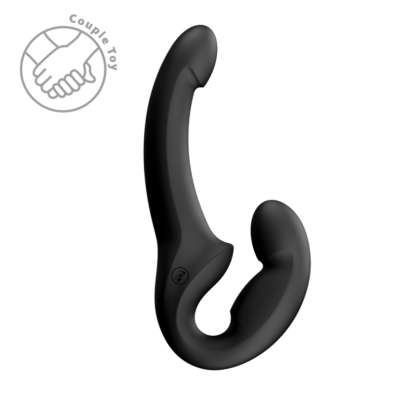 Black silicone Fun Factory Share Lite flexible double dildo with curved ends and a central hinge.