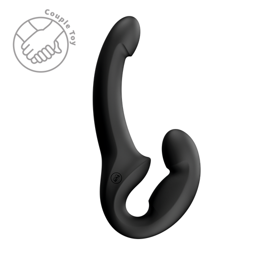 Black silicone Fun Factory Share Lite flexible double dildo with curved ends and a central hinge.
