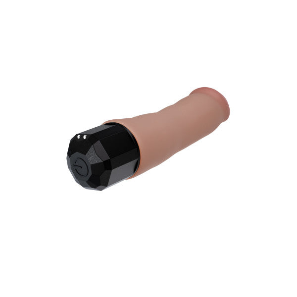 The Dr. Avery 7.5 Inch Vibrating Silicone Dildo is a flesh-toned, cylindrical vibrator with a black faceted base and power button, designed for realistic, lifelike pleasure.