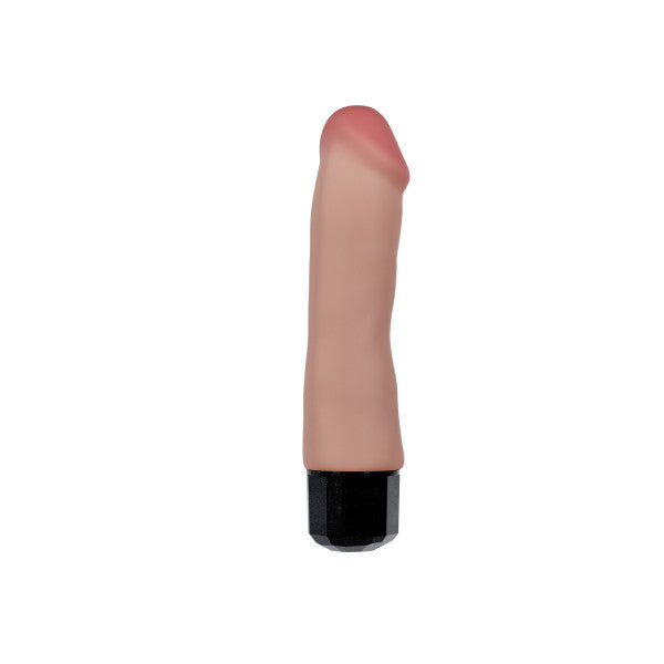 The Dr. Avery 7.5 Inch Vibrating Silicone Dildo, featuring a realistic flesh tone, lifelike shape, and black base, is shown against a plain white background.