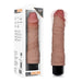 The Dr. Hunt 8.75 Inch Vibrating Silicone Dildo, in a lifelike flesh tone and penis shape, is shown next to its packaging, which highlights its size, vibrating features, and body-safe silicone material.