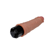 The Dr. Hunt 8.75 Inch Vibrating Silicone Dildo features a flesh-toned, realistic design with a textured shaft and black control base, made from body-safe silicone and shown against a white background.