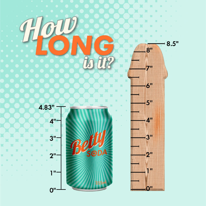 A soda can stands next to the Dr. Hunt 8.75 Inch Vibrating Silicone Dildo, a wooden penis-shaped ruler marked from 0 to 8.5 inches. The can is about 4.83 inches tall. Text reads: "How LONG is it?.