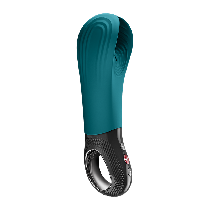 Teal silicone Fun Factory Manta penis stroker with open-wing design, black base, and red control buttons.