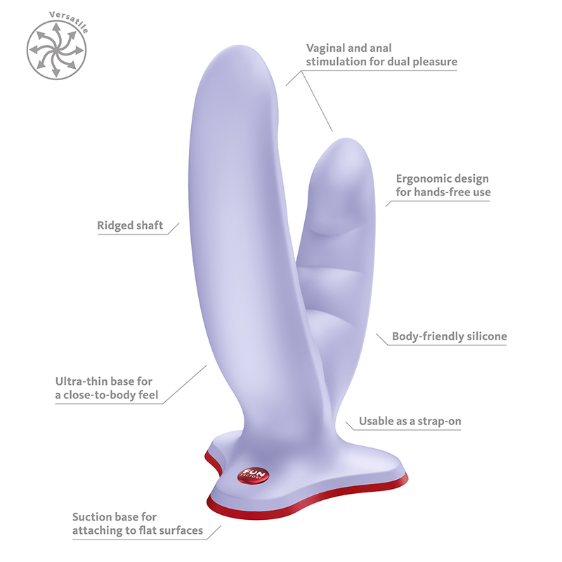 Light purple silicone dual-stimulation dildo with ridged shaft, ergonomic design, and red suction base.