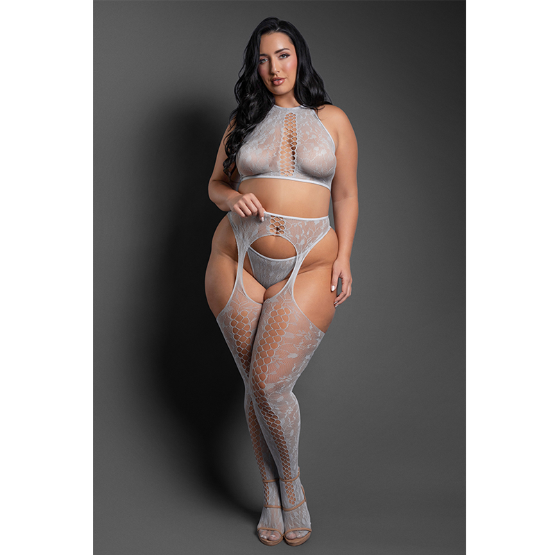 Most Wanted Plus Size Floral Knit Gartered Lingerie Set