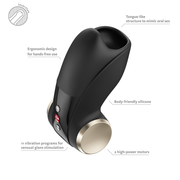 Black silicone Fun Factory Cobra Libre II penis head vibrator with gold accents and control buttons.