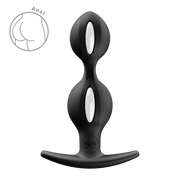 Black silicone butt plug with two bulbous sections, each featuring a white oval accent, and a T-bar base.