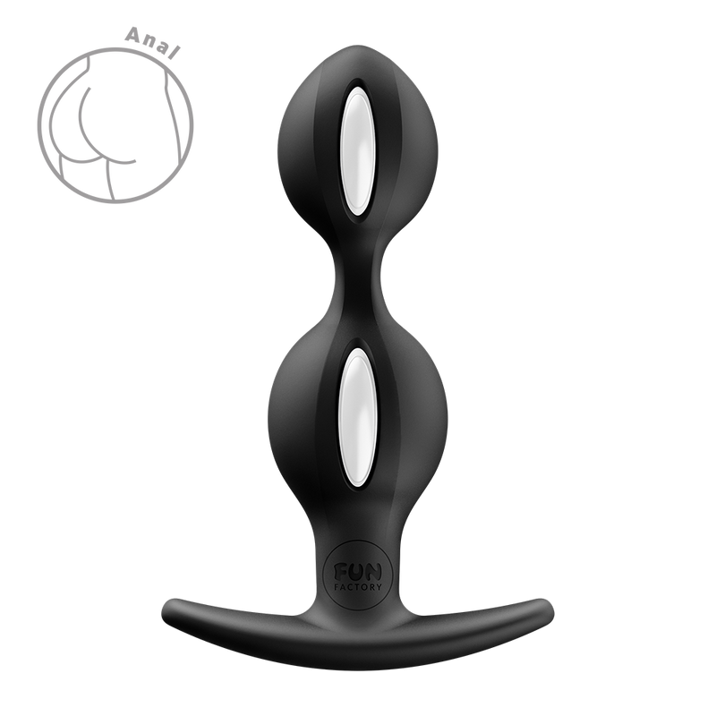 Black silicone butt plug with two bulbous sections, each featuring a white oval accent, and a T-bar base.