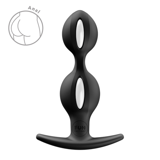 Black silicone butt plug with two bulbous sections, each featuring a white oval accent, and a T-bar base.