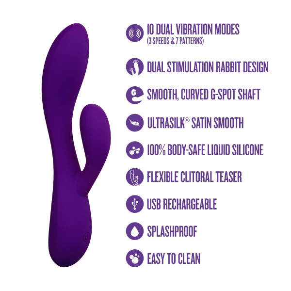 Purple UltraSilk satin-smooth silicone rabbit vibrator with a curved G-spot shaft and flexible clitoral teaser.