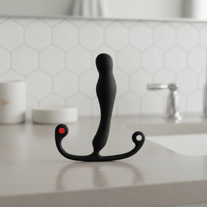 The Aneros Eupho Syn Trident Hands-Free Prostate Stimulator is black with a curved design and two rounded handles—one marked red, one white—set against a light gray background, ideal for targeted prostate stimulation.